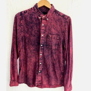 ASOS Red Acid Dye Denim Button Down Shirt Pockets Long Sleeves Size M